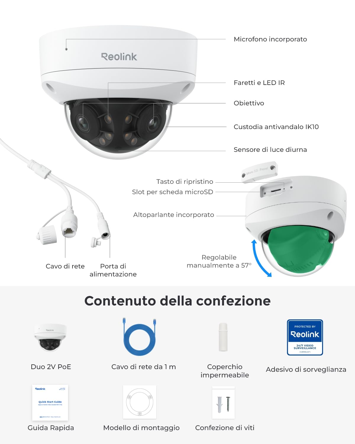 Reolink 4K PoE Telecamera Esterno 180° Doppio Obiettivo, Antivandalismo IK10, Rilevamento Uomo/Veicolo/Animale, Visione Notturna Infrarossa/a Colori, Audio Bidirezionale, Impermeabile IP67, Duo 2V PoE