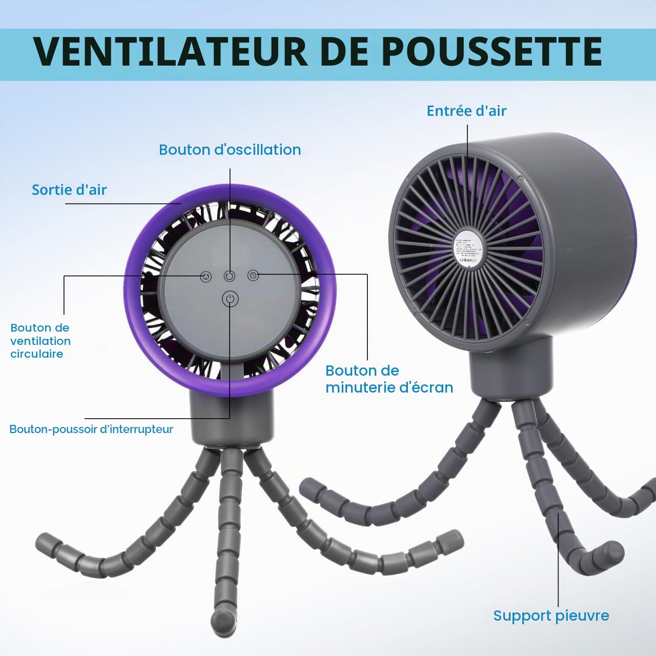 STOBAZA Ventilateur portable pour poussette : ventilateur à clipser à 360 degrés avec trépied flexible – Silencieux et rechargeable pour berceau, bureau, tapis de course, vélo et voyage