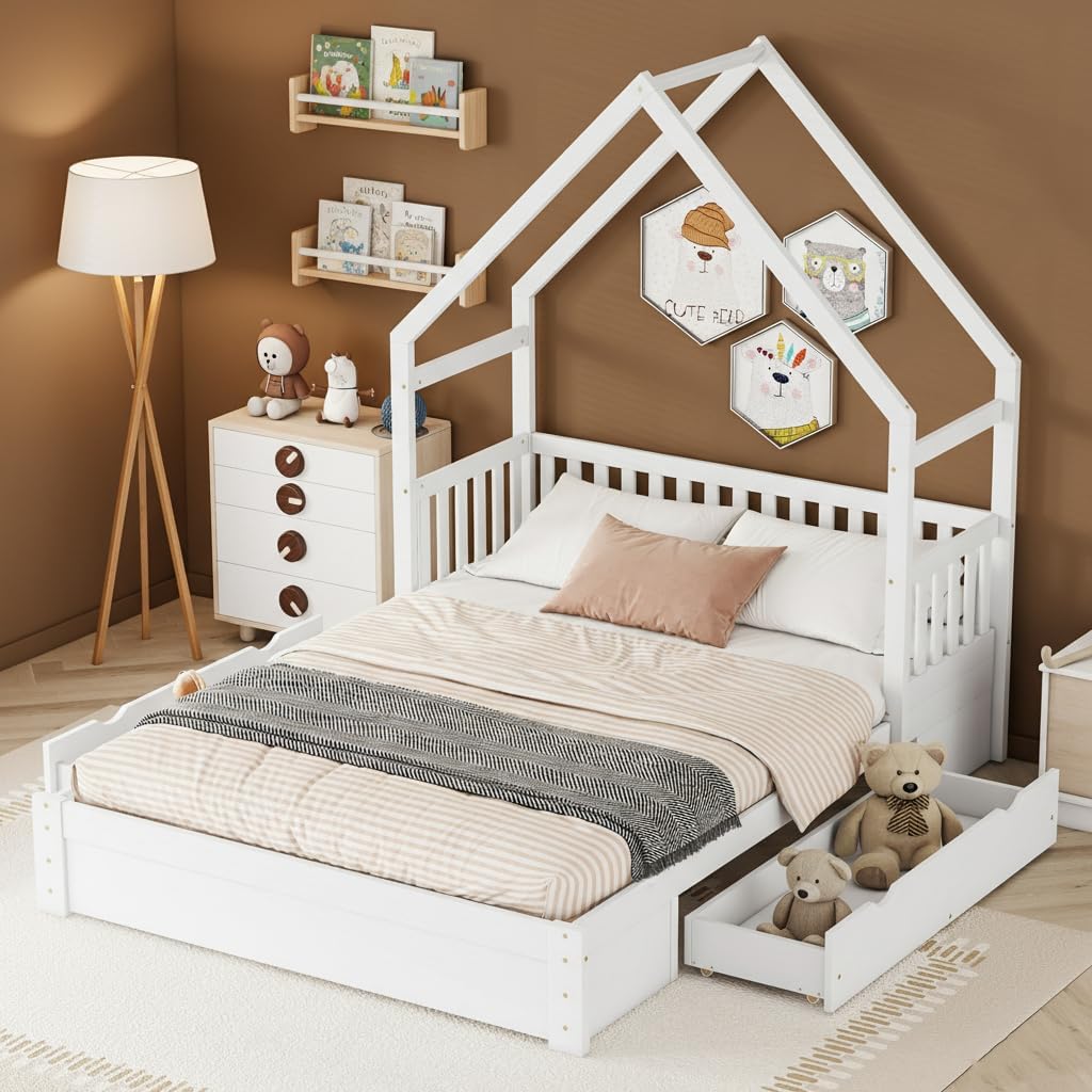 SOFTSEA Queen Size Montessori House Floor Bed with Drawers, Platform House Bed Kids Solid Wood with Storage for Kids, White