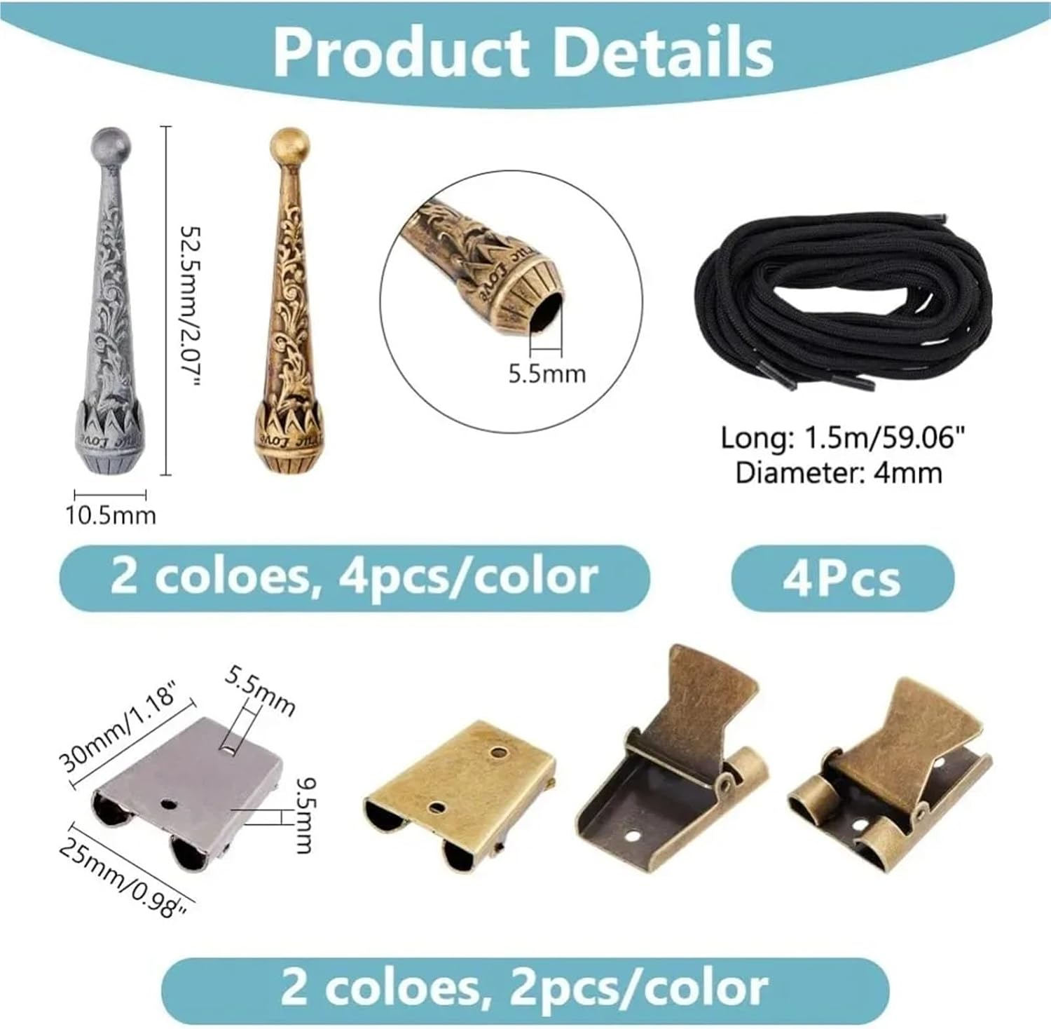 Bolo Tie Making Kit 4 Set Iron Bolo Tie Kit Including 4Pcs 2 Colors Tips Replacement End Caps Slide Clasp with Alloy Making