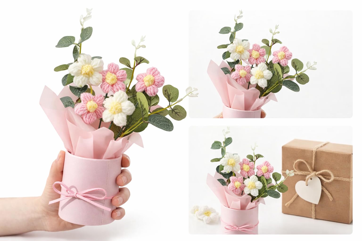 QLECT Home Decor Artificial Crochet Flower Bouquet/Artificial Flowers Bunch/Crochet Flowers Bouquet/Crochet Flowers/Flowers Bouquet Gift for Girls Home Decor,Gifting,etc. (Pink Daisy Bouquet) 2