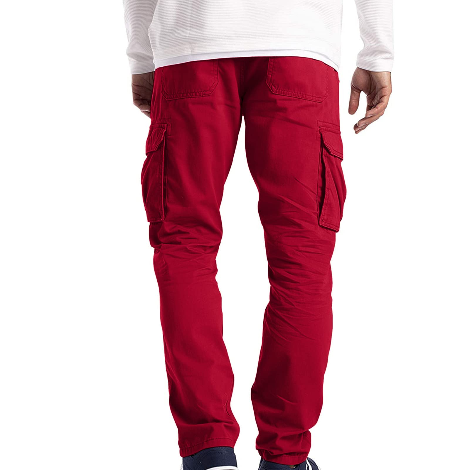 Men's Solid Multi Pocket Outdoor Pants Lightweight Military Army Trousers Casual Loose Straight Leg Cargo Pant (Red,Large)