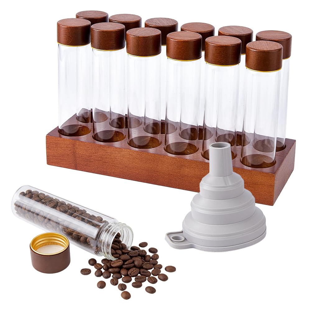DICOSMETIC 12Pcs Single Dose Coffee Bean Storage Tubes Glass Small Glass Espresso Beans Container with Wooden Lid and Holder Coffee Bean Cellar with Funnel for Home Office Kitchen
