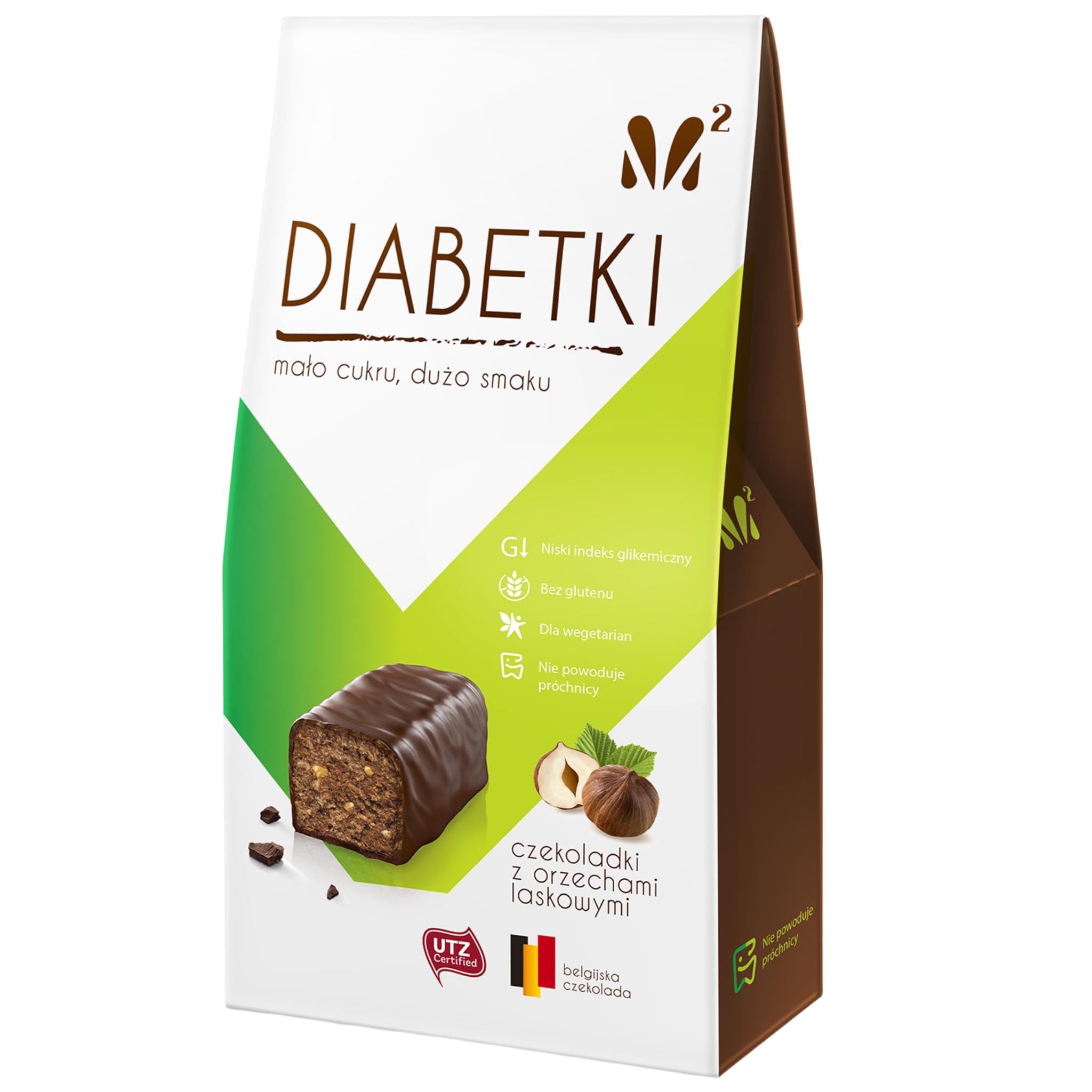 M2 DIABETKI Pralinen mit Haselnüssen, Schokolade ohne Zucker, leckere Süßigkeiten für bewusste Konsumenten und Diabetiker, glutenfreie und vegetarische Snacks 100 g