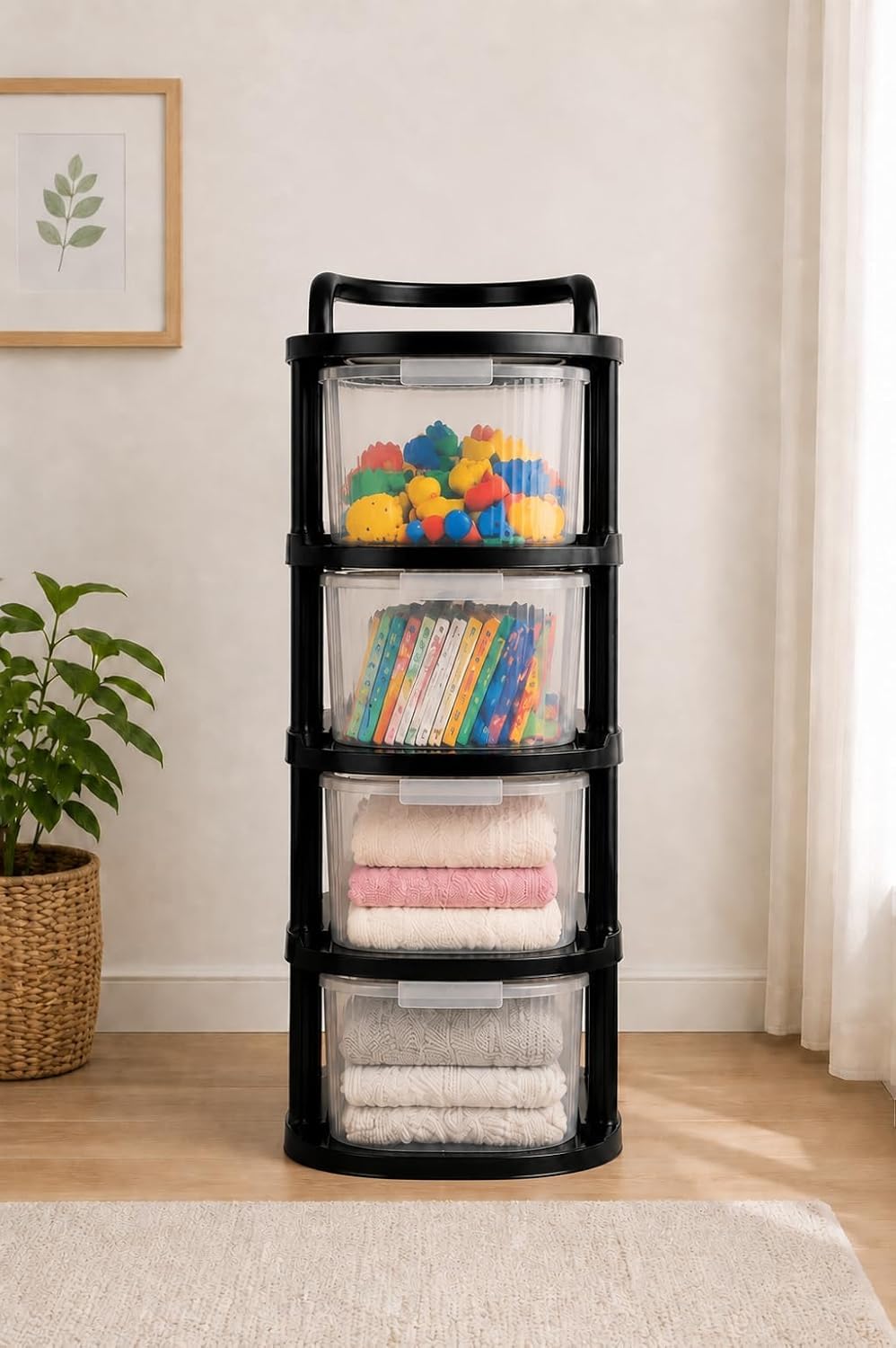 Leawall Plastic Storage Drawer with Wheels | Stackable Storage Cabinet for Bedroom, Office, Home | Utility Organiser for Cosmetics, Kitchen,Toys | Multipurpose Home Storage Organizer (4 Layer)-image-42