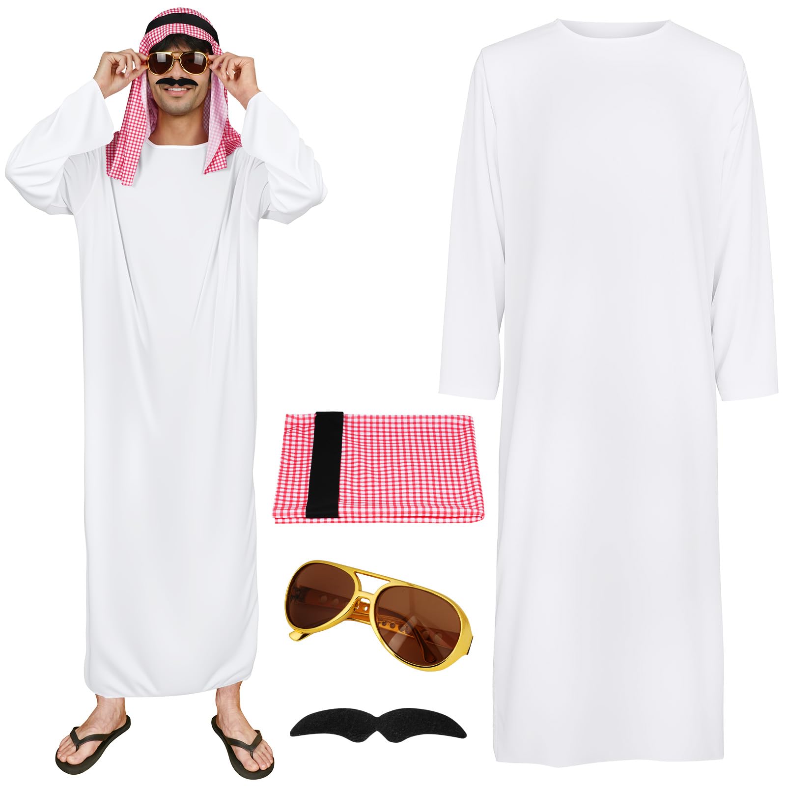 BSBUY Kostüm Arabischer Scheich Set Scheich Kostüm Herren mit Weißes Arabisches Gewand kariertes Kopftuch Brille und Bart Sheikh Araber Kostüm Cosplay Outfits Faschingskostüme Scheich Arabo Costume
