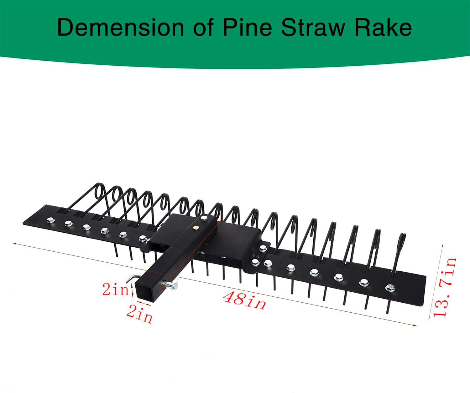 48" Durable Pine Straw Rake Steel Spring Landscape Rake Fits 2" Receiver for Lawn Tractors or ATV/UTV Black