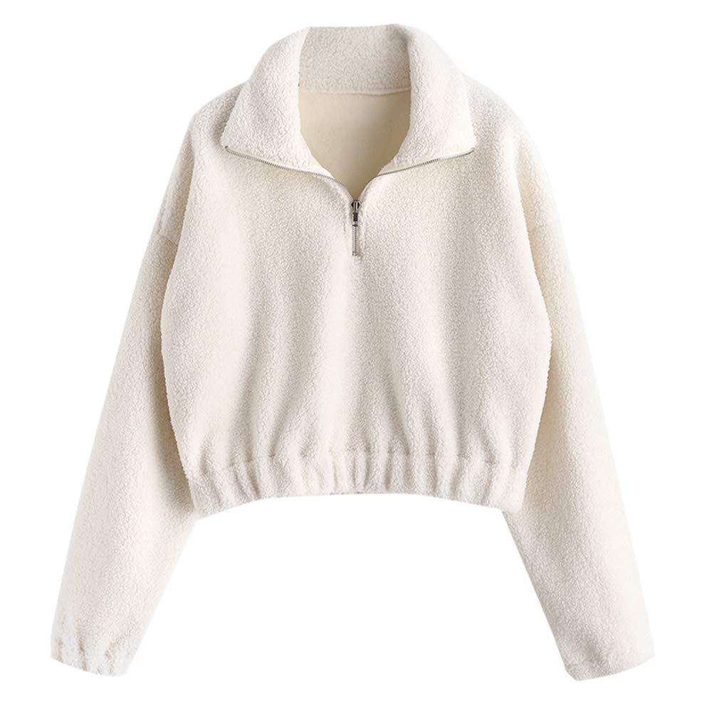 Women Half Zip Sweatshirt Fluffy Top Pullover Long Sleeve Casual Outwear