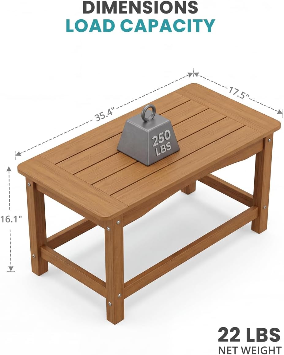 Outdoor Coffee Table for Patio, 35 Inch Rectangle Patio Coffee Table, Teak All-Weather Poly Lumber Small Outdoor Table, 250 lb Capacity for Deck Porch Balcony Garden Poolside