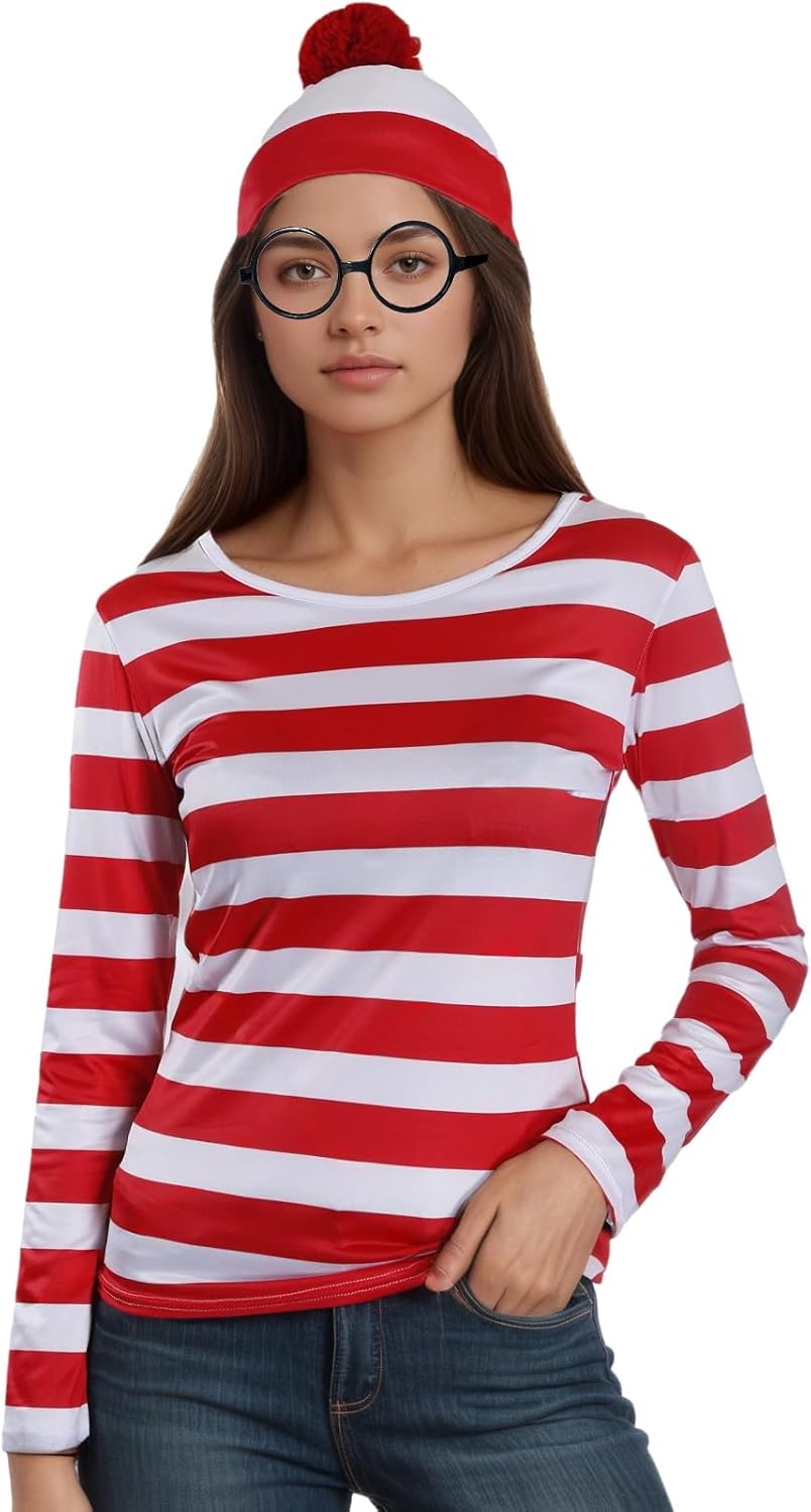 Wildarms Women Red Striped Shirt & Hat Wally Costume Set - Halloween Costumes, Christmas,Party Outfit & Theme Parties