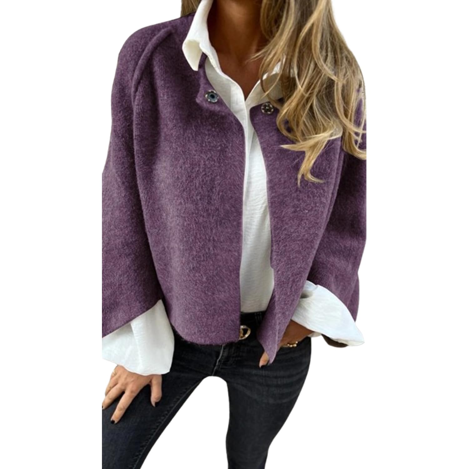 PNZLZIA Women's Round Neck Woolen Long Sleeve Coat, Soft Warm Cashmere Cardigan Jacket, Women Cropped Wool Blend Coat (X-Large,Purple)