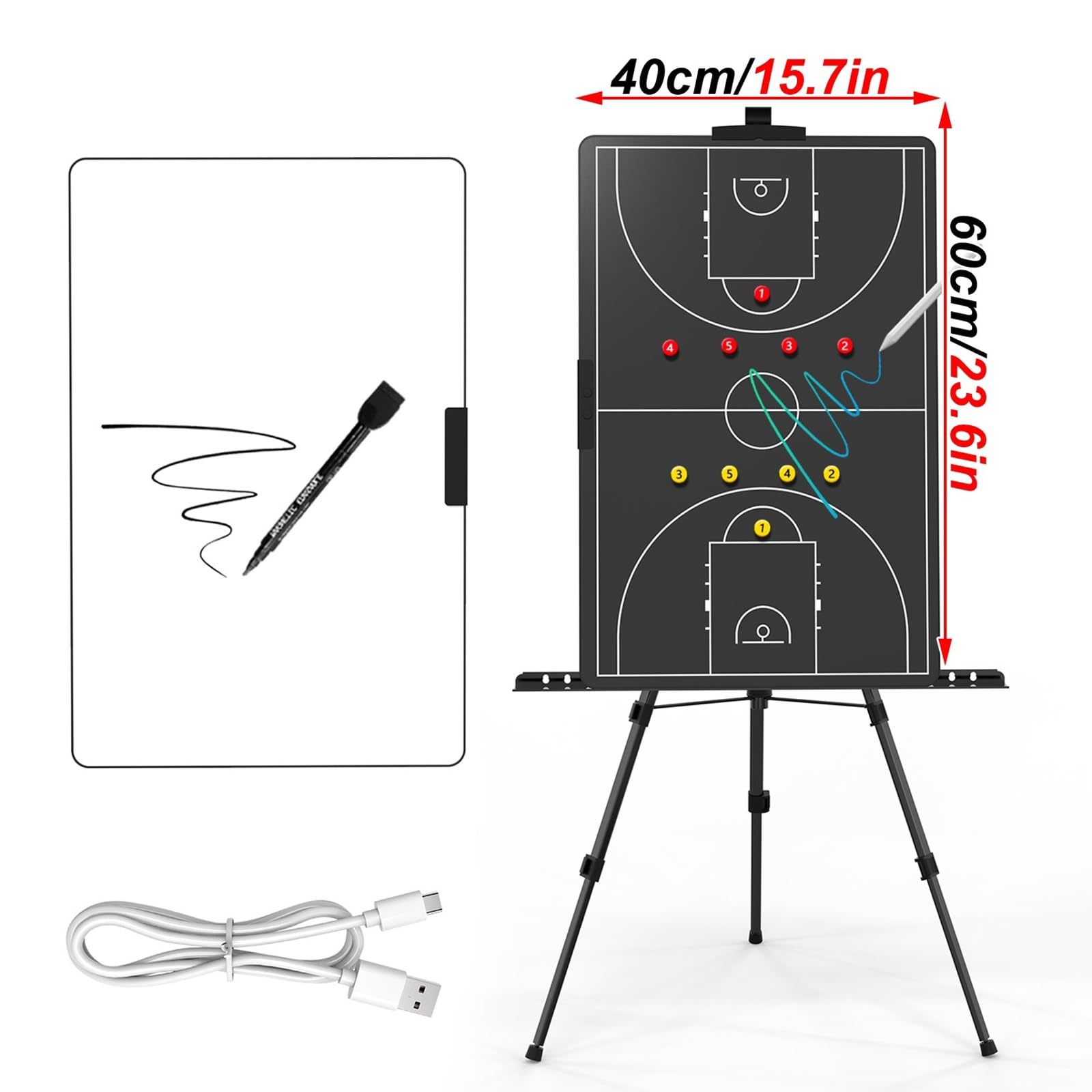 Taktyczna Tablica LCD do Koszykówki, Taktyczna Tablica do Piłki Nożnej | Z Regulowaną Podstawką, Łatwa W Obsłudze, do Treningów I Zawodów(Basketball)