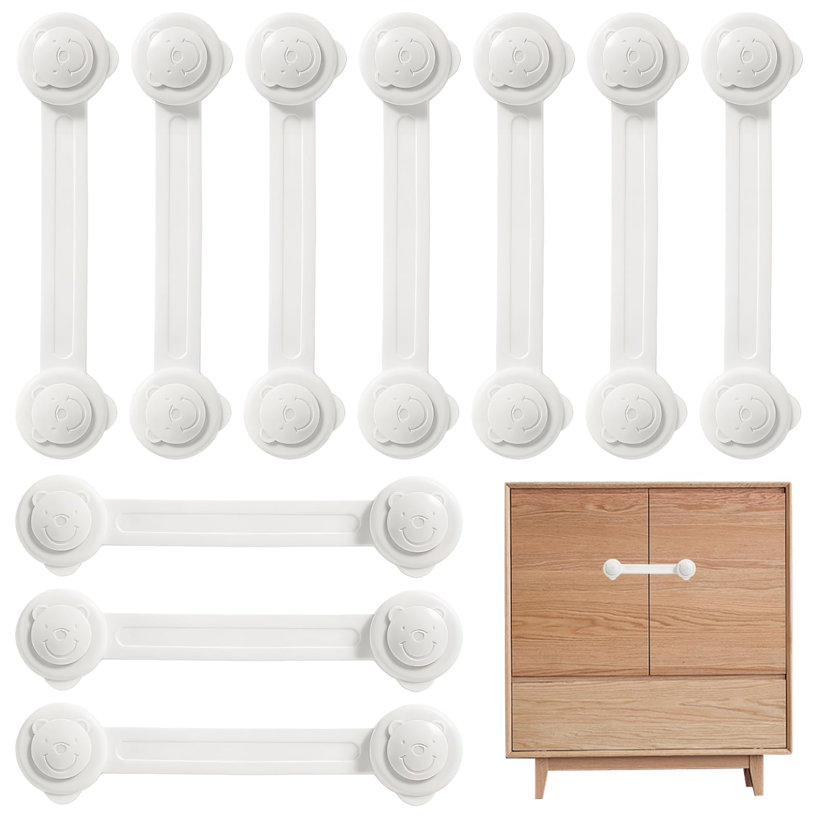 10 Stück Kindersicherung für Schrank und Schubladen, Niedlicher Bärenkopf Schubladensicherung für Baby und Kinder für Tür Schränke Kühlschrank, Schrankschloss mit Starker Kleber ohne Bohren - Weiß
