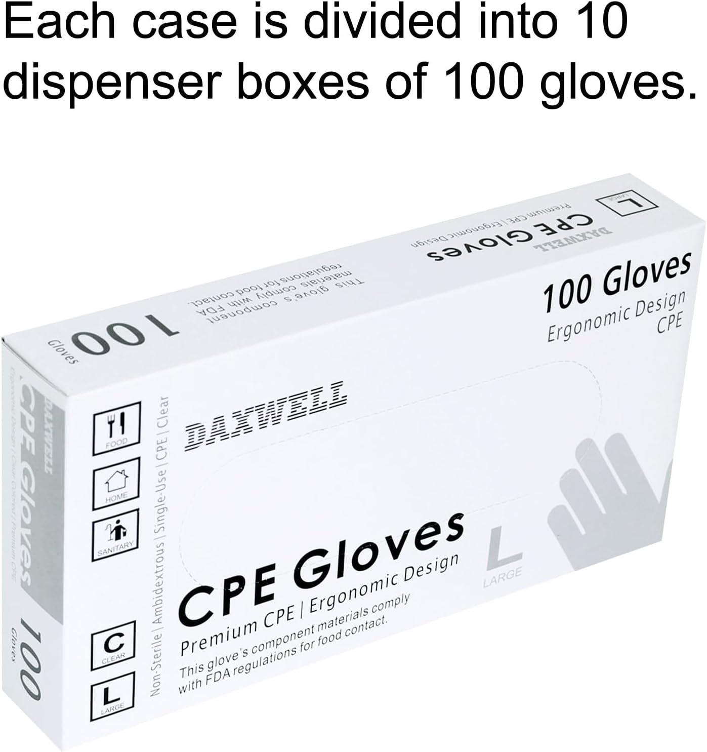 Daxwell Poly Gloves, Embossed, Premium Cast Polyethylene (CPE), Powder Free, Large, Clear, F10000165 (Case of 1,000, 10 Boxes of 100)