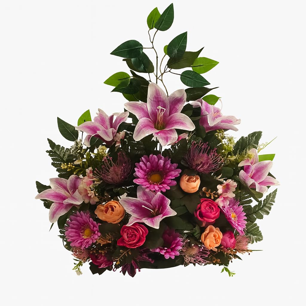 DRW Centro de Flores Artificiales para Bodas, Iglesias, cementerios con gerberas y liliums Rosa y Morado 65x60x25 cm