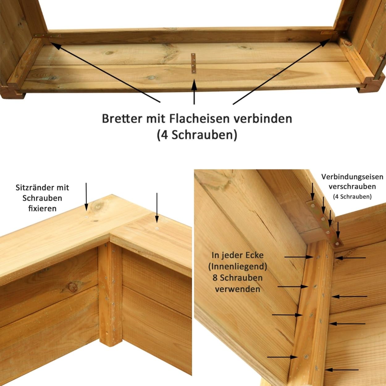 Clamaro 'Beach' Holz Sandkasten 190 x 190 cm extra stabil aus Fichte Massivholz Bohlen (28mm stark, imprägniert), Sitzumrandung mit abgerundeten Kanten, verzinkte Schrauben - 100% Made in Germany