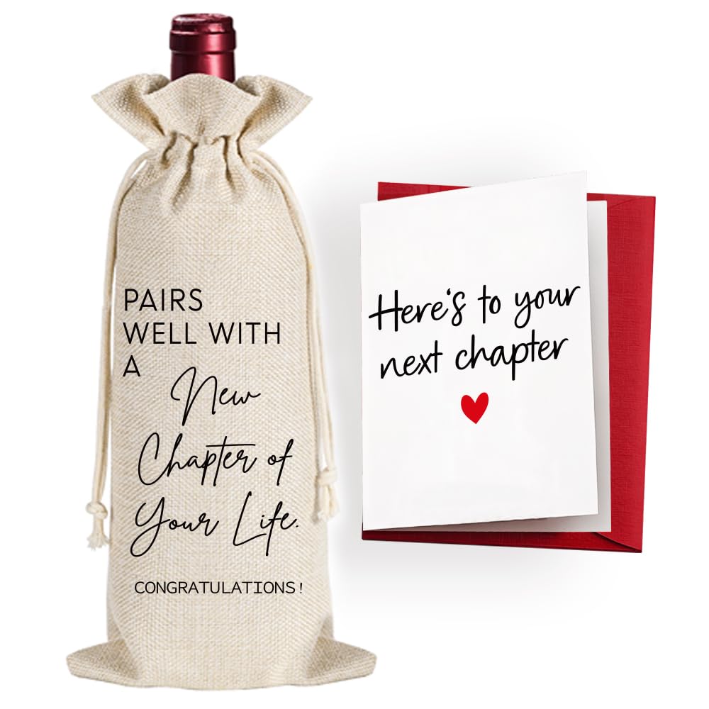 Qubereeree New Chapter Wine Bag Gifts for Coworkers, Going Away Farewell Presents for Women Men, New Job New Beginnings Gift for Friends Teacher Boss, Linen Win