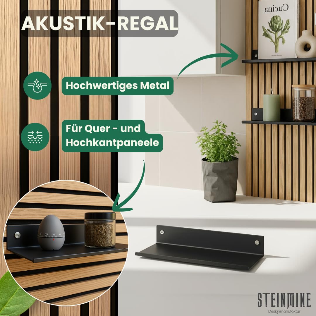 Steinmine - Designmanufaktur Wandregal Metall schwarz matt – Metallverschraubung - kein Bohren – Zubehör für Akustikpaneele (44cm x 13cm)