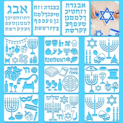 12 Pieces Hebrew Stencil Jewish Stencil Hebrew Plastic Stencil Hebrew Alphabet Letters Stencil Jewish Holidays Pictures Stencil 9.8 x 3.9 Inch Jewish Lettering Stencils for Painting Journaling