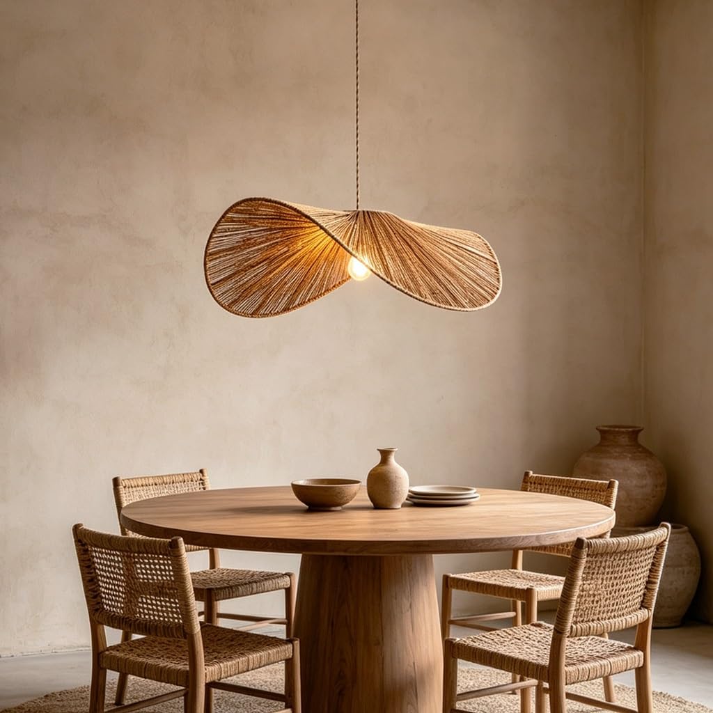 JOJOM Lustre Rotin Style Bohème Suspension Nordique Lampe Tressée Main Style Campagne Couleur Chanvre Beige Blanc Pour Cuisine Chambre Salle A Manger Salon Couloir Entrée(A40)