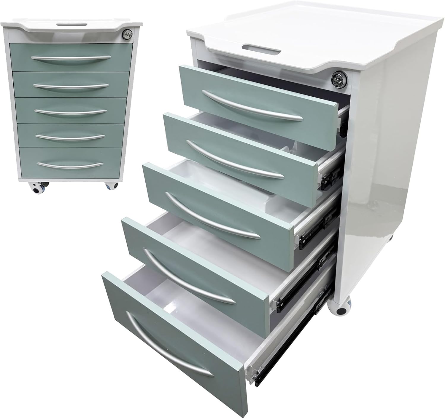 Mobile Dental Storage Cabinet Stainless Steel Medical Assistant Utility Cabinet with 5-Drawer & 2 Divider Trays Utility Storage Cart for Clinic Hospital Office School Home, Light Green Color