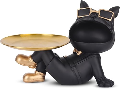 XIYOUQI Bandeja de almacenamiento de estatua de bulldog francés de resina, bandeja para llaves para mesa de entrada, bonita estatua de mayordomo de