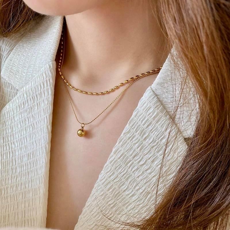 18K Gold Plated Stainless Steel Layered Necklace with Polished Ball Pendant – 16 Inch Double Chain Bead Design, Nickel Free, Hypoallergenic, Waterproof - Image 4
