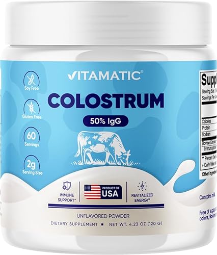 Vitamatic Polvo de calostro bovino 50% más alto de IgG Suplemento para la salud intestinal, crecimiento del cabello, belleza, recuperación
