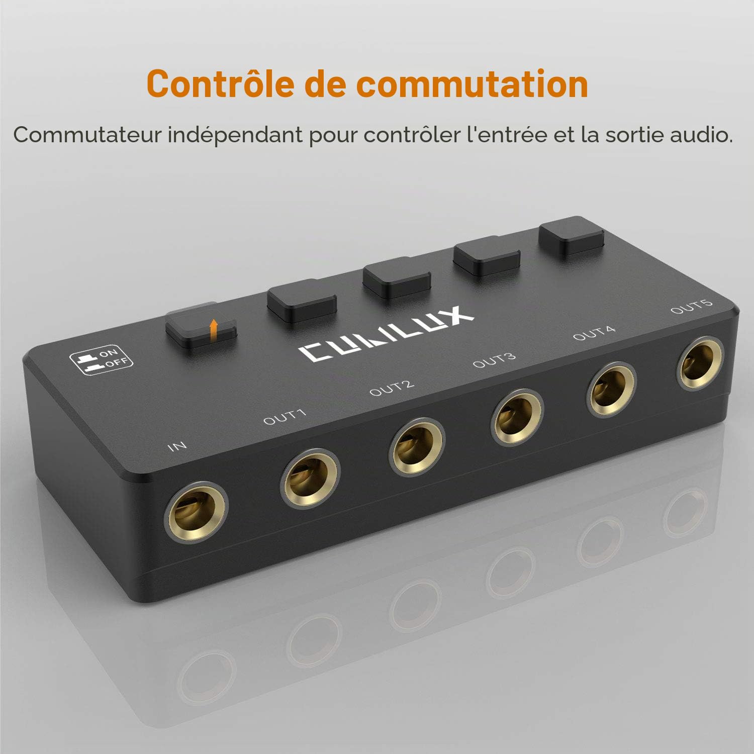 Cubilux Répartiteur Audio Stéréo 6,35mm 5 Voies avec Interrupteur, Boîtier Passif Multi AUX 1/4” TRS pour Casque, Enceinte, Guitare, Clavier, Pédale, Studio ou Scène