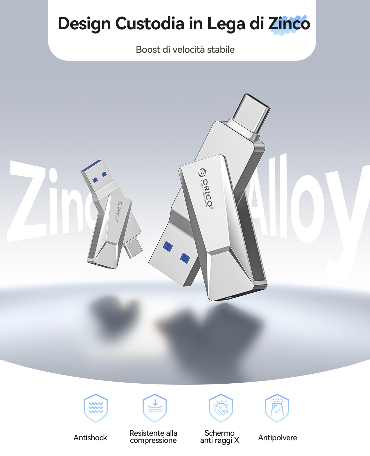 ORICO Chiavetta USB 128 GB USB 3.2 Memory Stick OTG fino a 150 MB/s 2 in 1 Tipo C Flash Drive in metallo per iPhone 17/16/15/Smartphone Android/Tablet/Mac/Laptop/PC, Argento, CB05