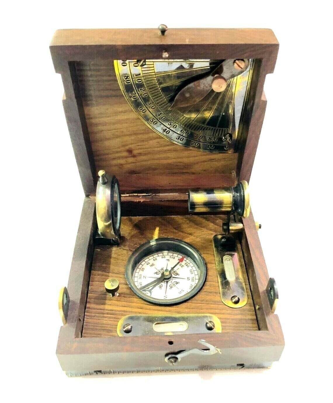 Antique Compass Brass Compass Nautical Marine Master Box & Compass Telescope Magnifying Glass in Wooden Collectibles Showpiece Item by Ayesha King of Handicraft