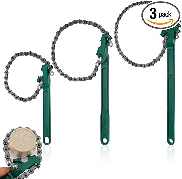 3 Pcs Heavy Duty Chain Wrench Set, 9" 12" 16" Adjustable Steel Oil Filter Wrench for Pipe Fittings Car Repair Shower Head Valve Fits 1.5-8in Dia. Pipe
