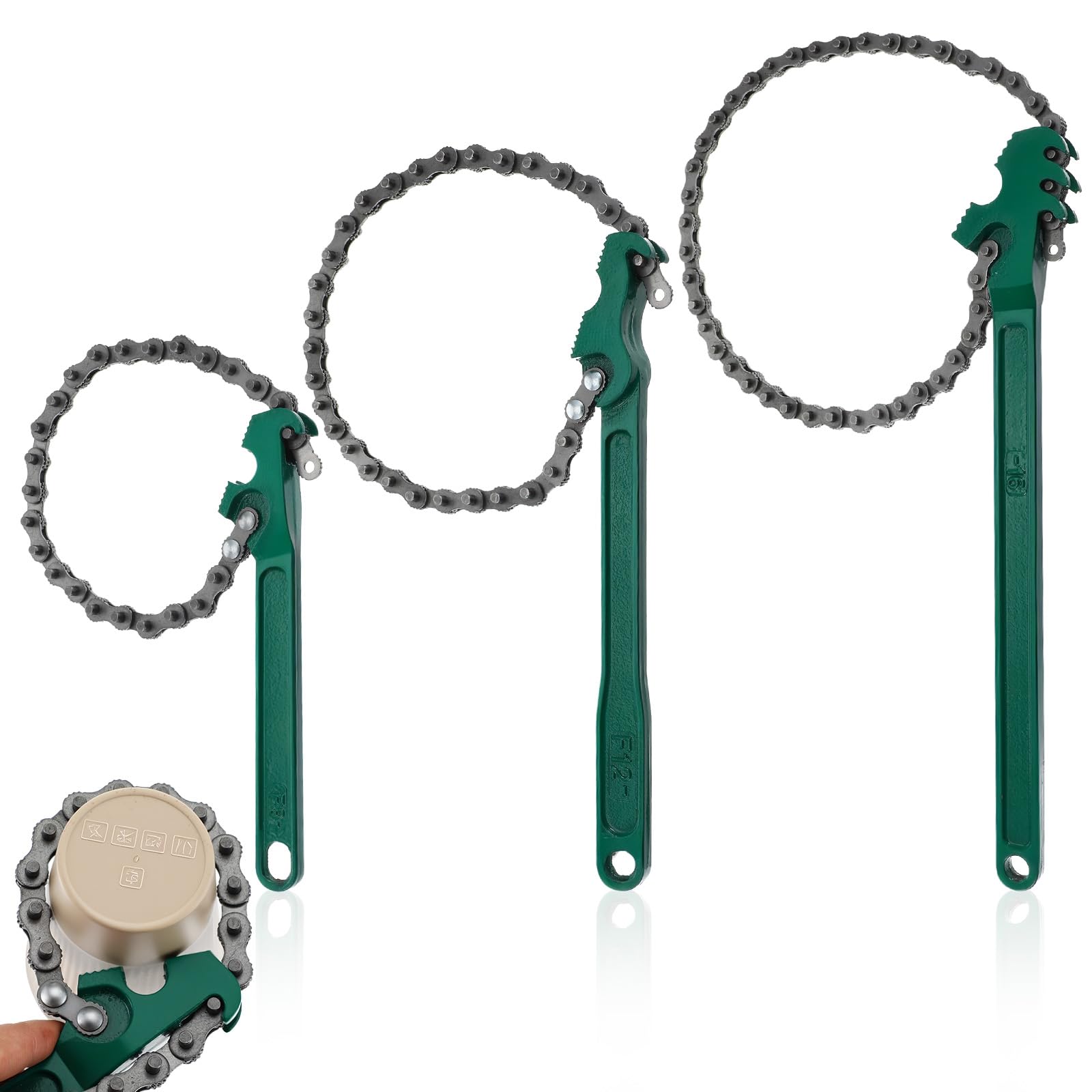 Juego de 3 llaves de cadena resistentes, llave de filtro de aceite de acero ajustable de 9 pulgadas, 12 pulgadas, 16 pulgadas, para accesorios de tubería, reparación de automóviles, válvula de