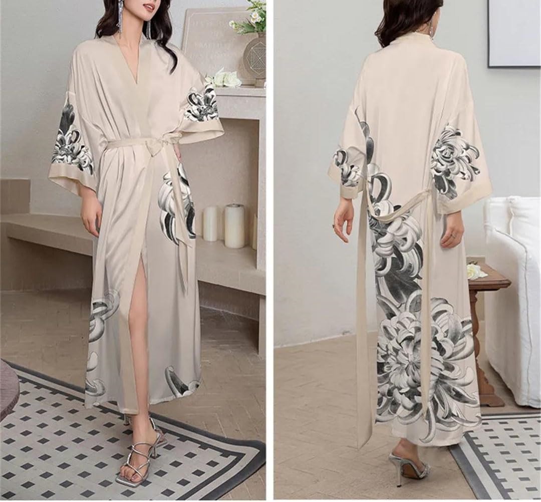 Women's Floral Satin Sleepwear Long Kimono Style Nightgown Silky Home Lounge Dress Robe