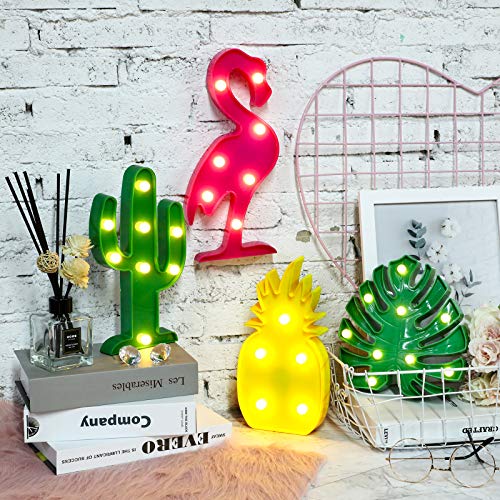 4 Pieces Hawaiian Luau Party Lights, Flamingo Cactus Pineapple Leaf Led Sign Light, Battery Powered Table Lamp For Marquee Wall Table Desk Centerpieces Home Wall Kid's Room Birthday Party Decorations #TOP3