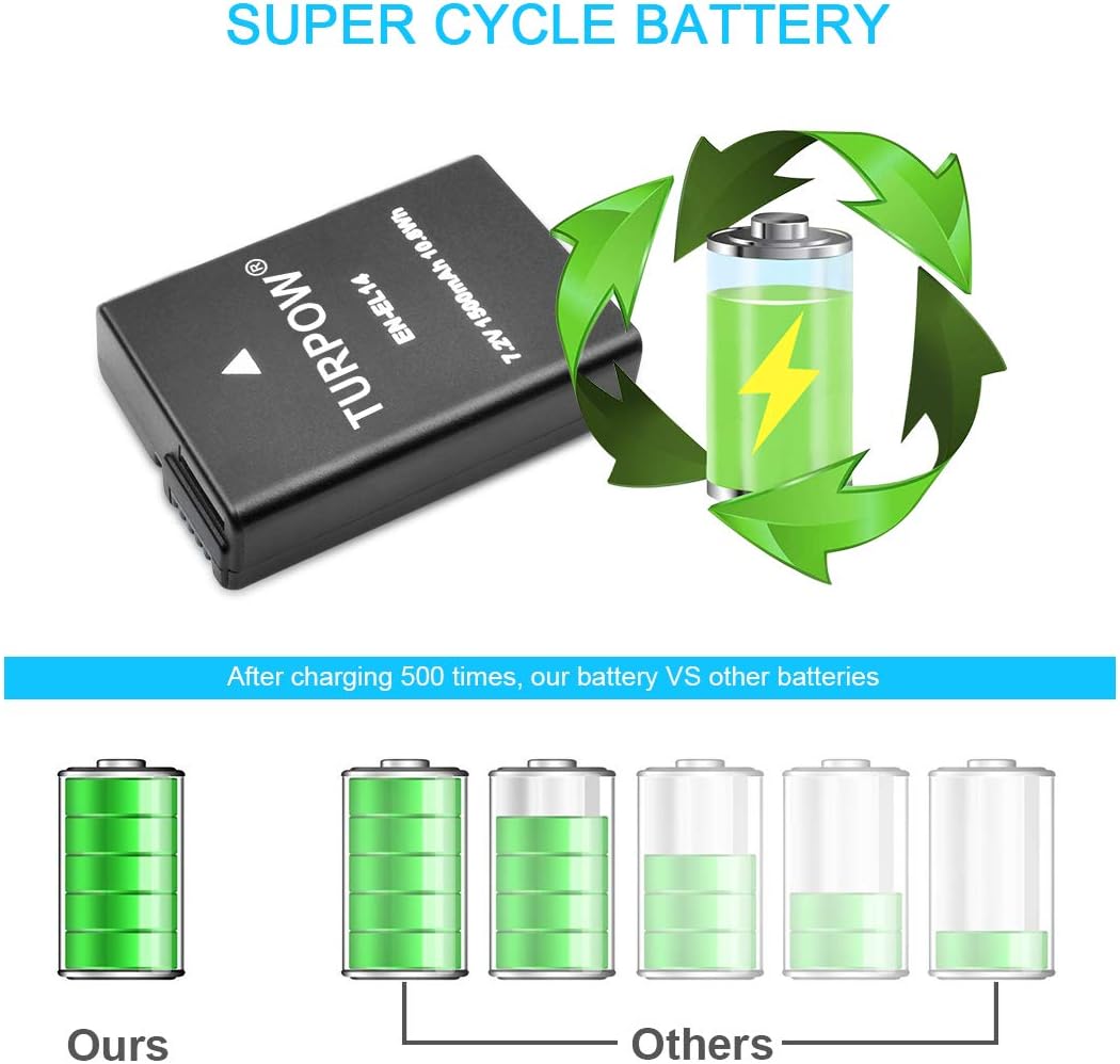 Turpow 2 Pack EN-EL14 EN-EL14A Battery Compatible with Nikon D3500, D3100, D3200, D3300, D3400, D5100, D5200, D5300, D5500, D5600, DF, Coolpix P7000, P7100, P7700, P7800 DSLR Cameras