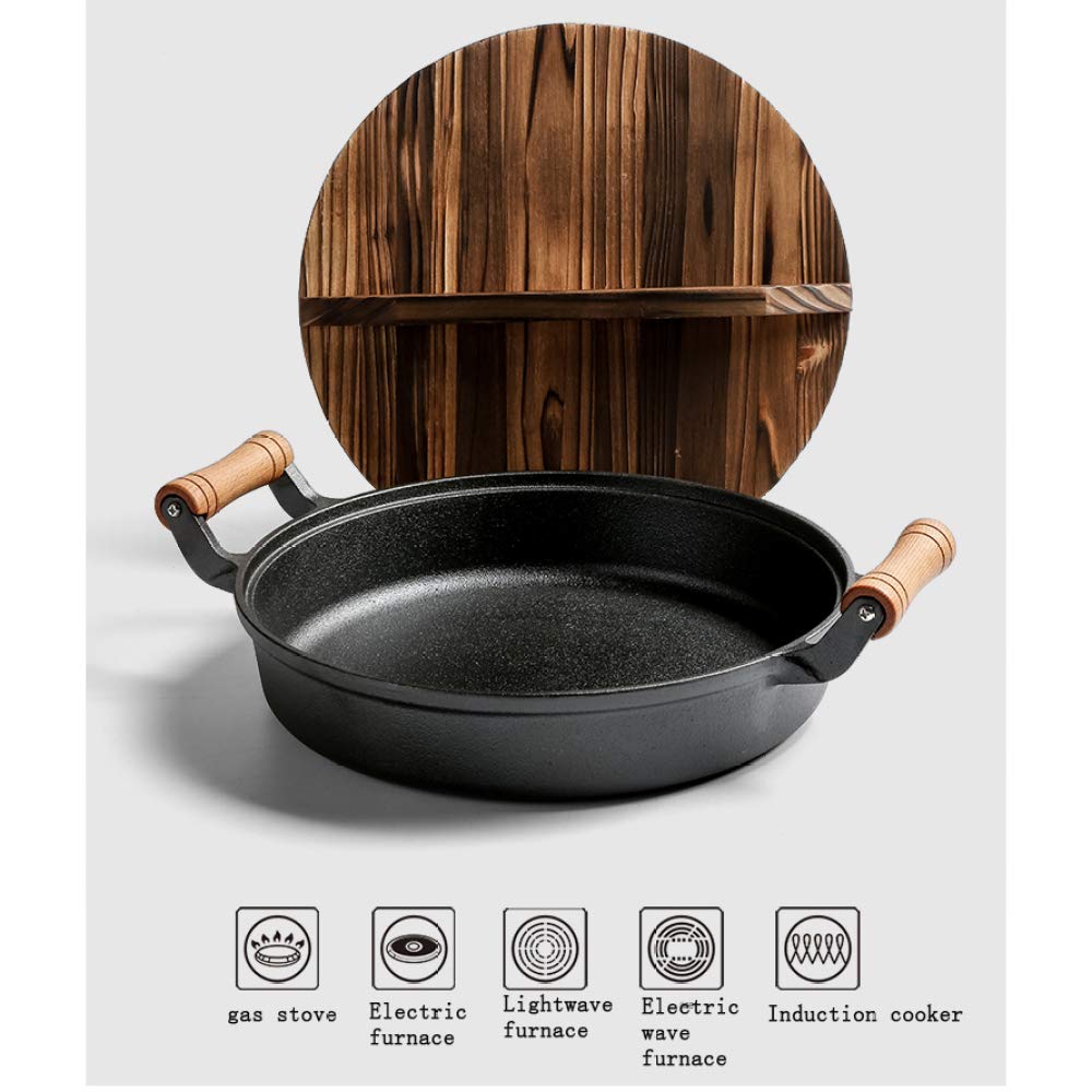 Żeliwna patelnia Wok wielofunkcyjna z drewnianym uchwytem i żeliwną patelnią z okrągłym dnem i dwoma uszami, normalna 30 cm