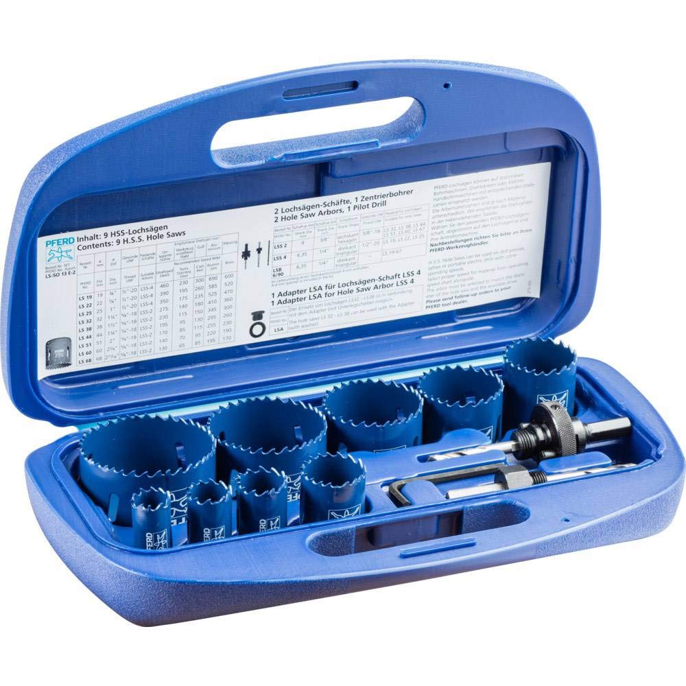 PFERD TOOLS HSS-Lochsägen-Set, 9 Lochsägen inkl. Zubehör für Elektriker Deutschland, 25900010 – für wirtschaftliches Sägen von runden Durchbrüchen, 219mm x 156mm x 60mm