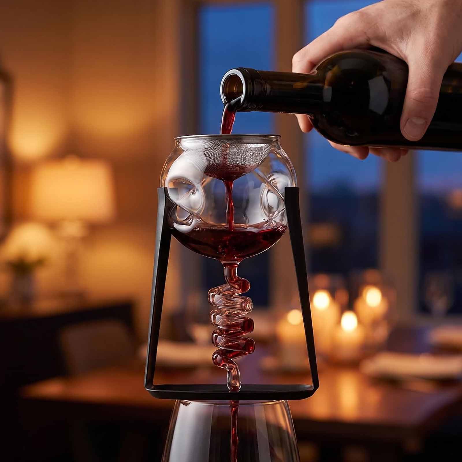 Dekanter Z Napowietrzaczem Wina Glass Twister, Napowietrzanie 3-fazowe| Filtr Ze Stali Nierdzewnej I Stojak Z Podstawą Zapobiegającą Kapaniu, Kształt Kuli, Akcesoria Do Wina Sprawiają