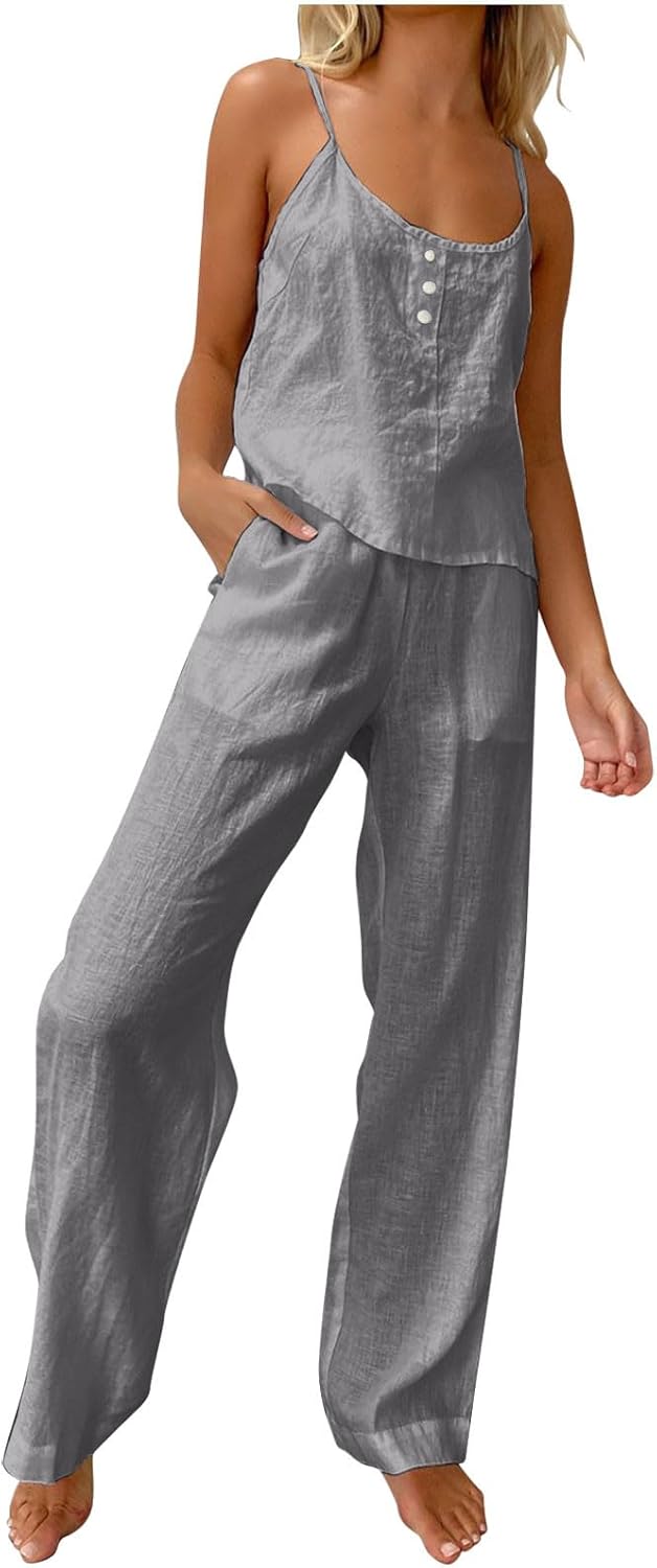 HGps8w Women's Cotton Linen Pajamas Sets Loose Cami Top & Long Pants Pjs Comfy Camisole Sleepwear Lounge Sets