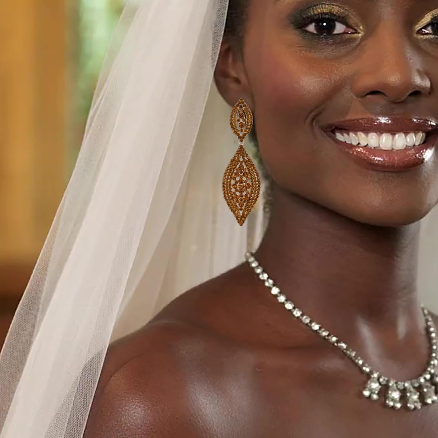 Women Large Statement Chandelier Earrings Rhinestone Clear Crystal Party 2 Leaf Dangle Earrings - Image 5