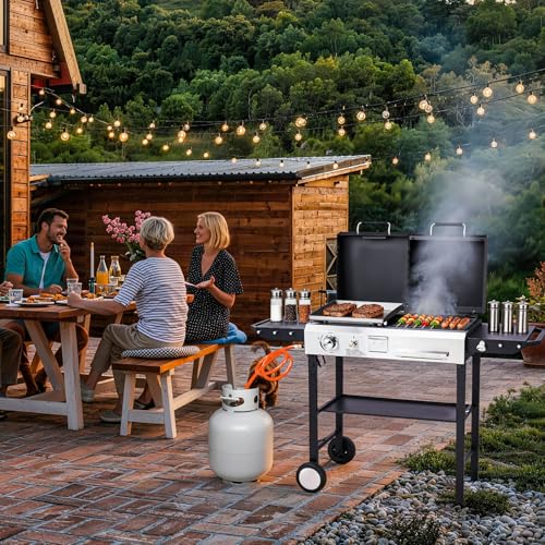 Outopee 2-in-1 Propane Gas Grill & Charcoal Grill Combo with Lid, 12000BTU Flat Top Griddle & Charcoal BBQ Grill with Electronic Ignition, Enamel Griddle & Grate for Outdoor Backyard Cooking Barbecue - Image 7