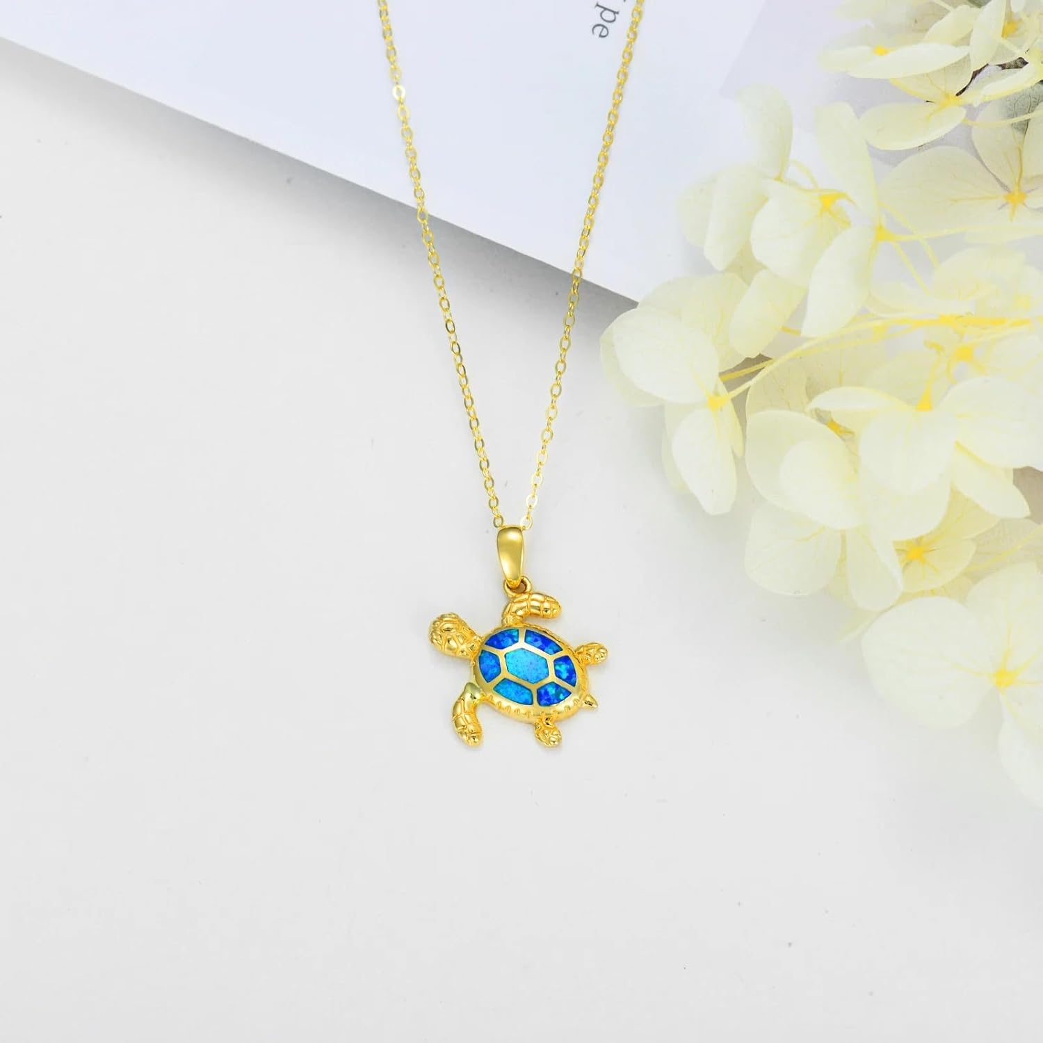 Blocaci 14K Gold Sea Turtle Necklaces for Women Yellow Gold Turtle Pendant Necklace with Opal October Birstone Necklace, 16''-18'' - Image 4