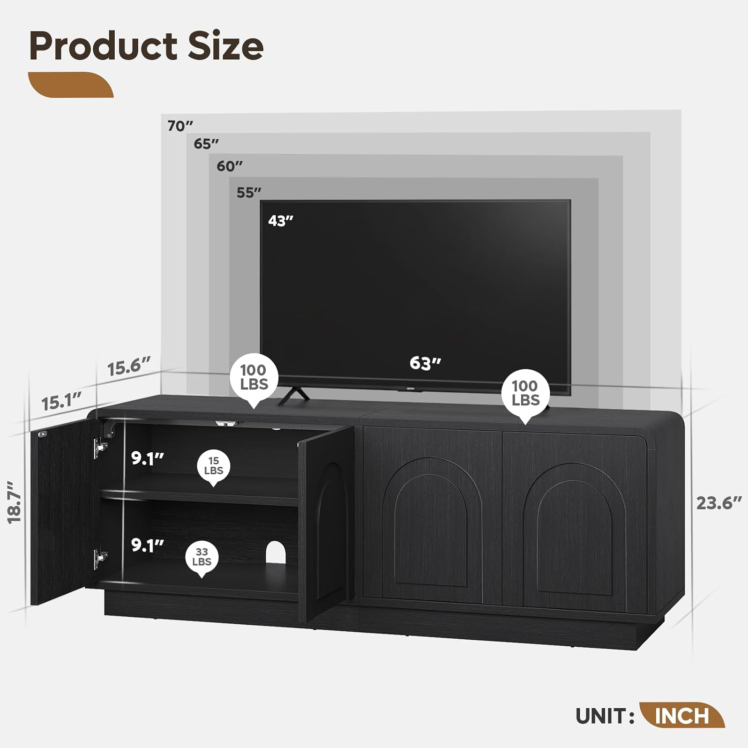 Bestier 63" Mid Century Modern TV Stand for Living Room, Wood Media Console Cabinet for TVs up to 70", Entertainment Center with 4 Arched Doors, Hidden Storage & Adjustable Shelves, Black