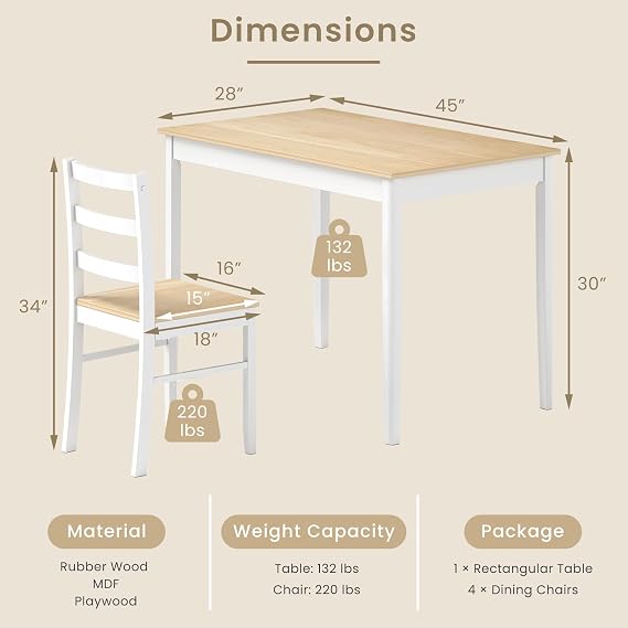 POWERSTONE Dining Table Set for 4, Kitchen Table Chairs Set of 4 with Rubber Wood Legs, Farmhouse 5 Piece Dining Table Set Solid Wood for Kitchen Dining Room Dinner (Natural)