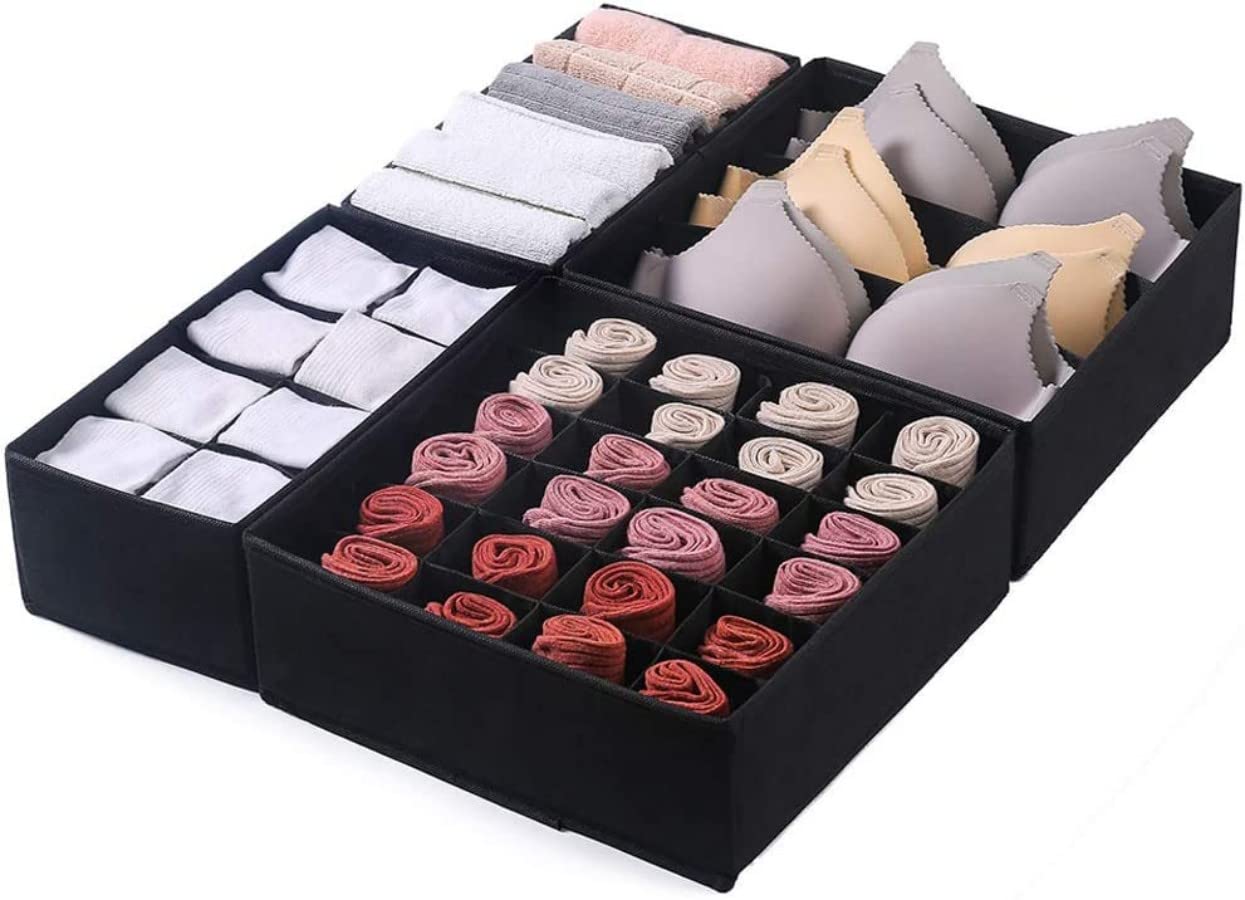 U-HOOME 4Pcs Collapsible Storage Boxes Drawer Underwear Organizer Divider, Socks Bra Organizer Storage Boxes,Clothing Storage Organizers Box for Clothing, Baby Clothes, Bra, Panty, Scarf, Ties (Black)