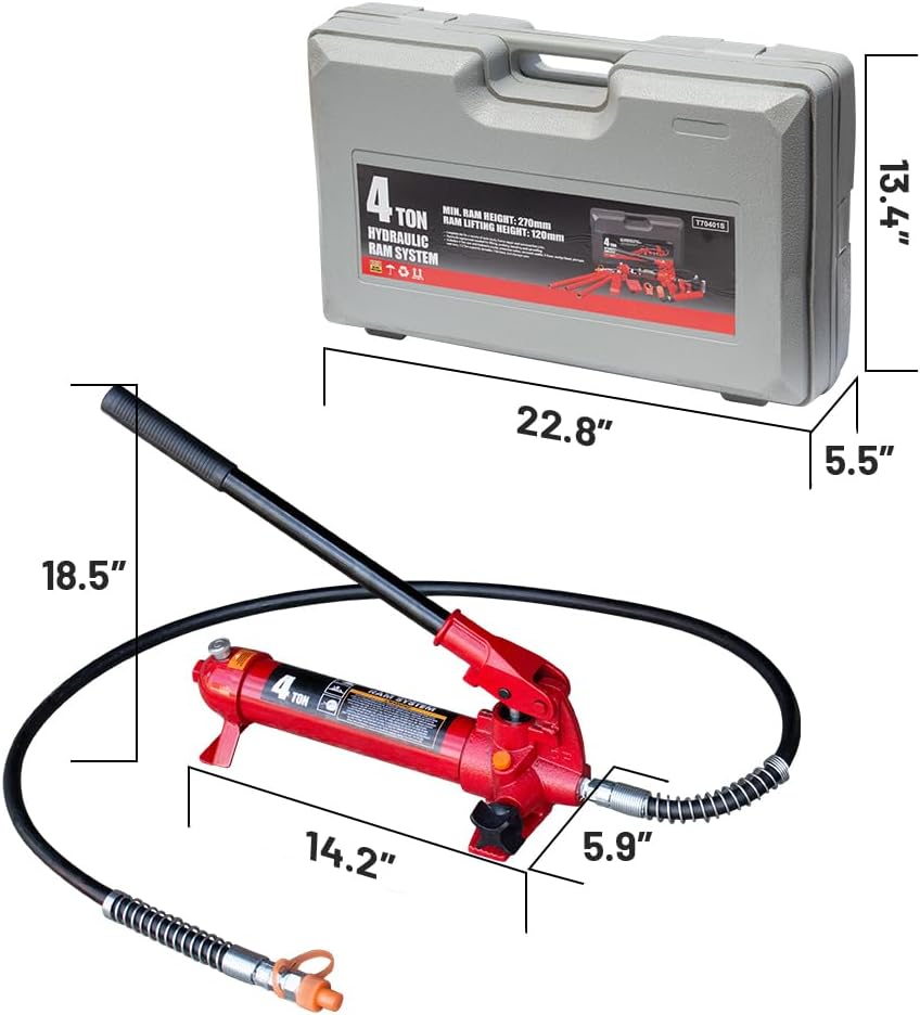 4 Ton Porta Power Kit - 8800lbs Capacity Auto Body Frame Repair Jack Kit - Portable Hydralic Jack Ram System with 3.9 ft Oil Hose for Car Repair, Truck, Farm