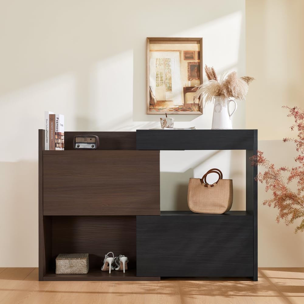 32.5''-58.8'' Extendable & Rotating Shoe Cabinet with 1 Drawer, 90-Degree Corner, Multifuctional Storage Combination Cabinet for Living Room, Hallway, Entryway, Black & Walnut