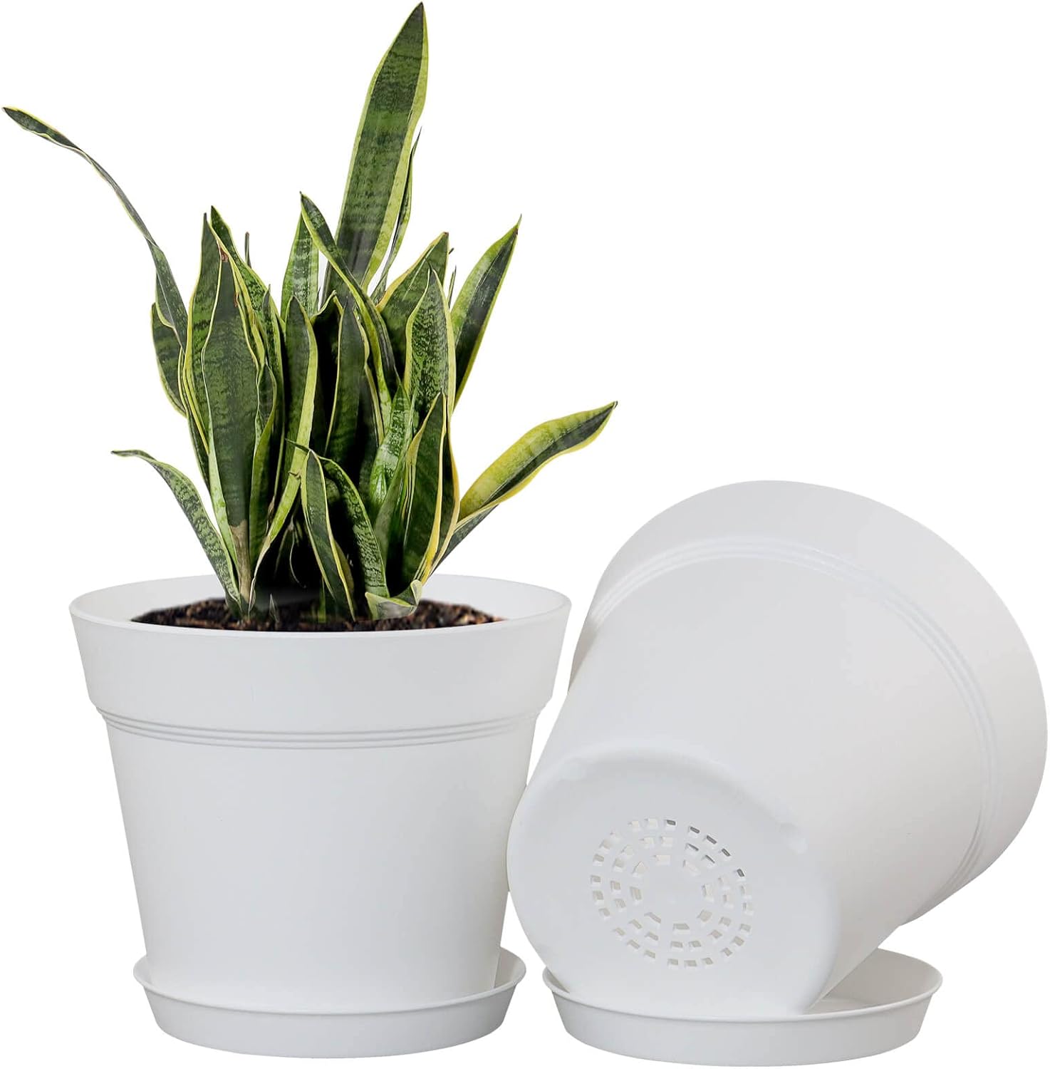 WOUSIWER 16 Pack 6 inch Plastic Planters for Indoor Flower Pots, Heavy Duty and Stylish 6 Inch Plant Pots for Indoor Plants with Drainage Holes and Tray for Plants, Flowers, White