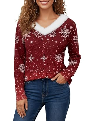 Womens Chritmas V-Neck Pullover Sweaters Long Sleeve Vintage Snowflake Graphic Patchwork Sweaters